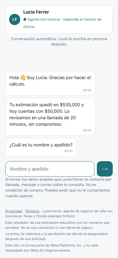 Chat simulado que pide nombre, teléfono y correo antes de pasar a una persona.