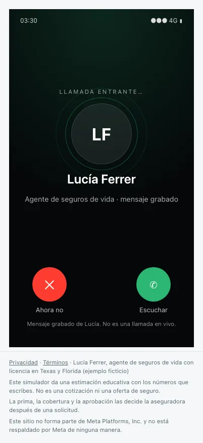 Pantalla de llamada entrante de un mensaje grabado de una agente de seguros ficticia.