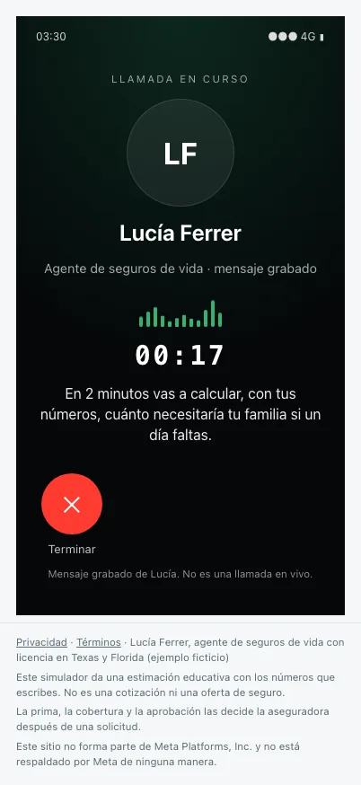 Llamada en curso con un mensaje grabado de la agente de seguros ficticia.