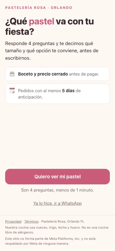 Primera pantalla del embudo de ejemplo de Pastelería Rosa: «¿Qué pastel va con tu fiesta?»