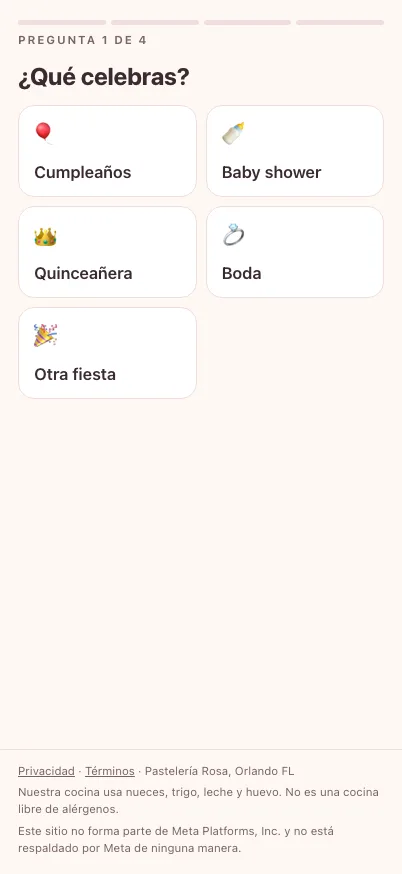 Pregunta 1 de 4 del embudo de Pastelería Rosa: «¿Qué celebras?» con opciones con íconos.