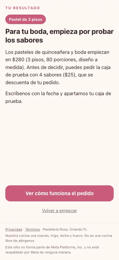 Resultado del embudo de Pastelería Rosa para una boda, con su propio texto.